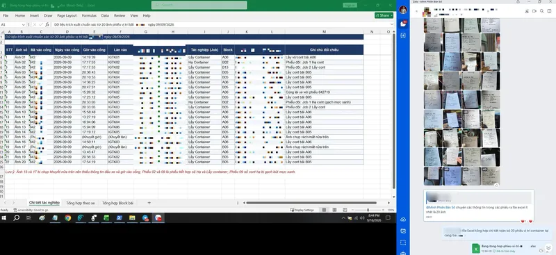 Bảng Excel 20 dòng lấy từ 20 ảnh phiếu chụp điện thoại, bên cạnh là nhóm Zalo gửi ảnh phiếu.