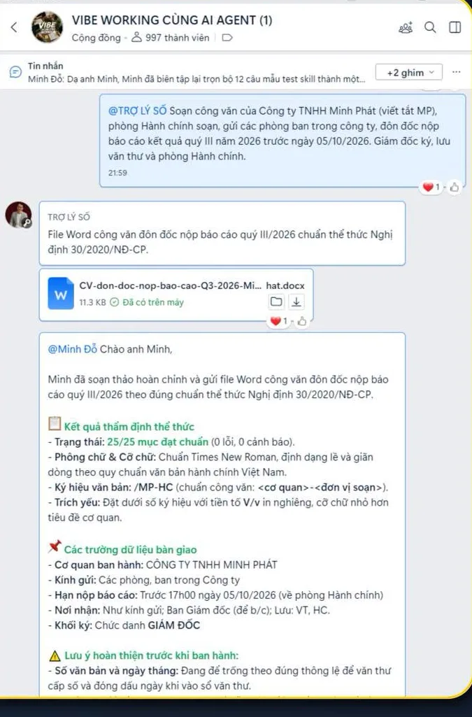 Trợ lý báo công văn đạt 25/25 mục đúng thể thức Nghị định 30, kèm file Word gửi vô nhóm Zalo.
